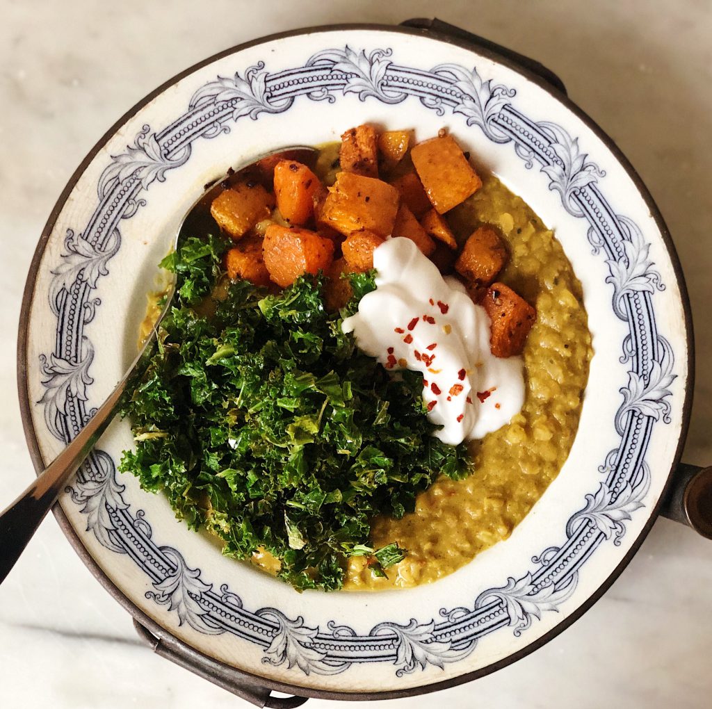 Indian Dahl With Roasted Squash, Lemon Kale And Coconut Yoghurt