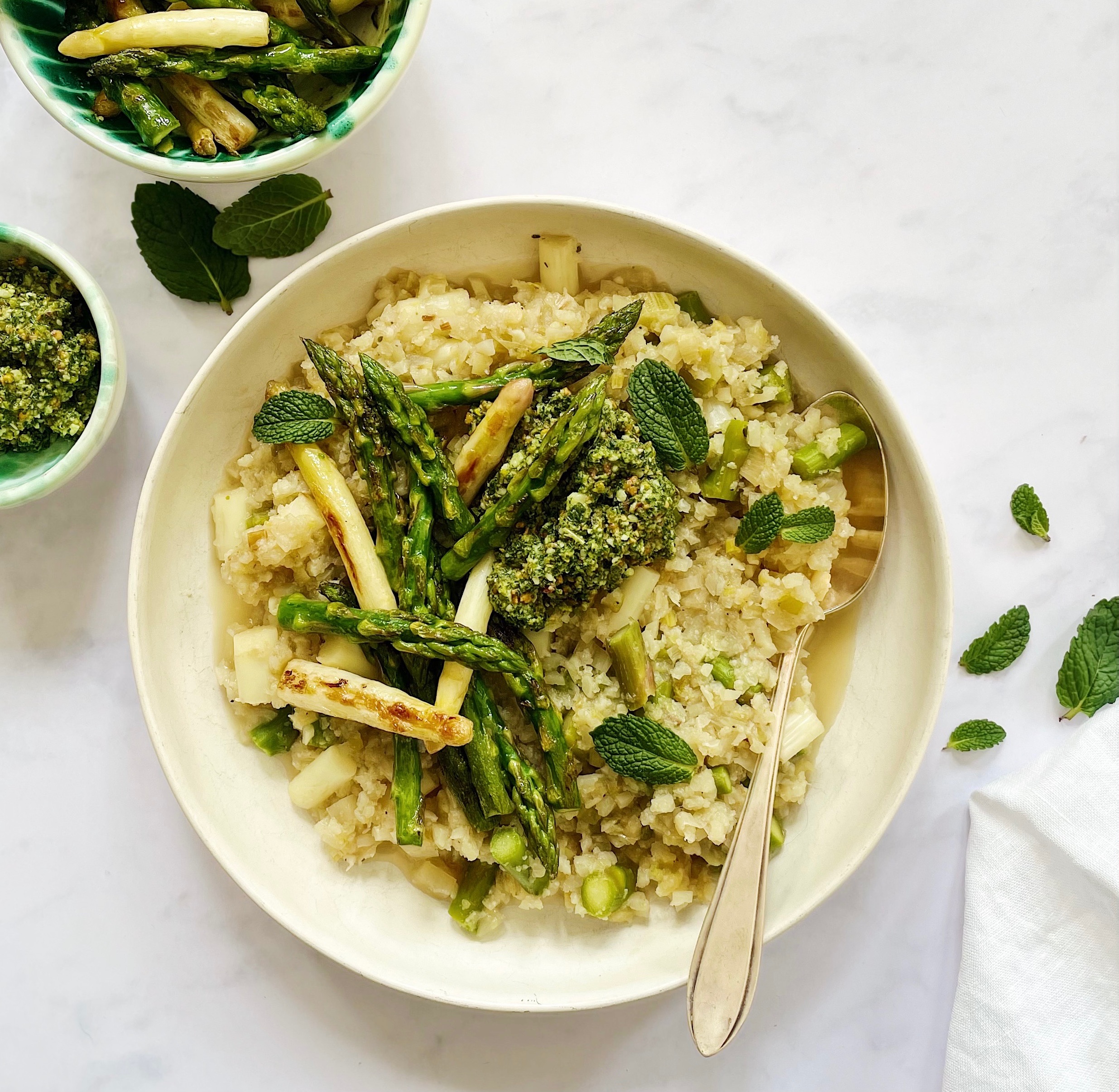 Cauliflower Rice Risotto With Asparagus And Mint Pistachio Pesto DELIZABETH