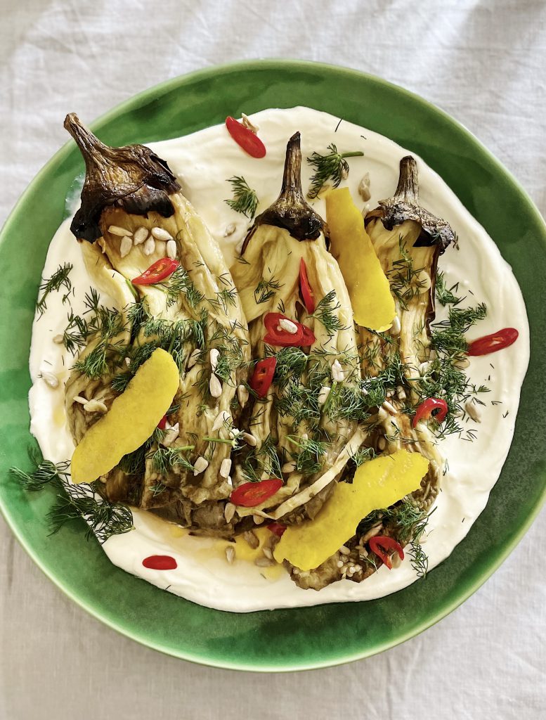 Burnt aubergines with labneh