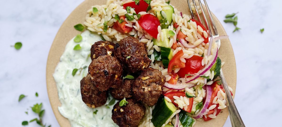 Greek Orzo Salad With Meatballs And Tzatziki