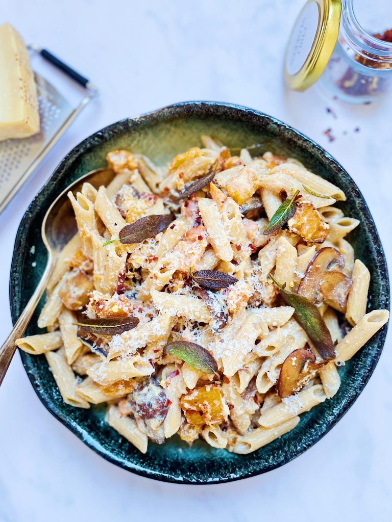 Squash, Mushroom And Ricotta Pasta With Bacon And Fried Sage 