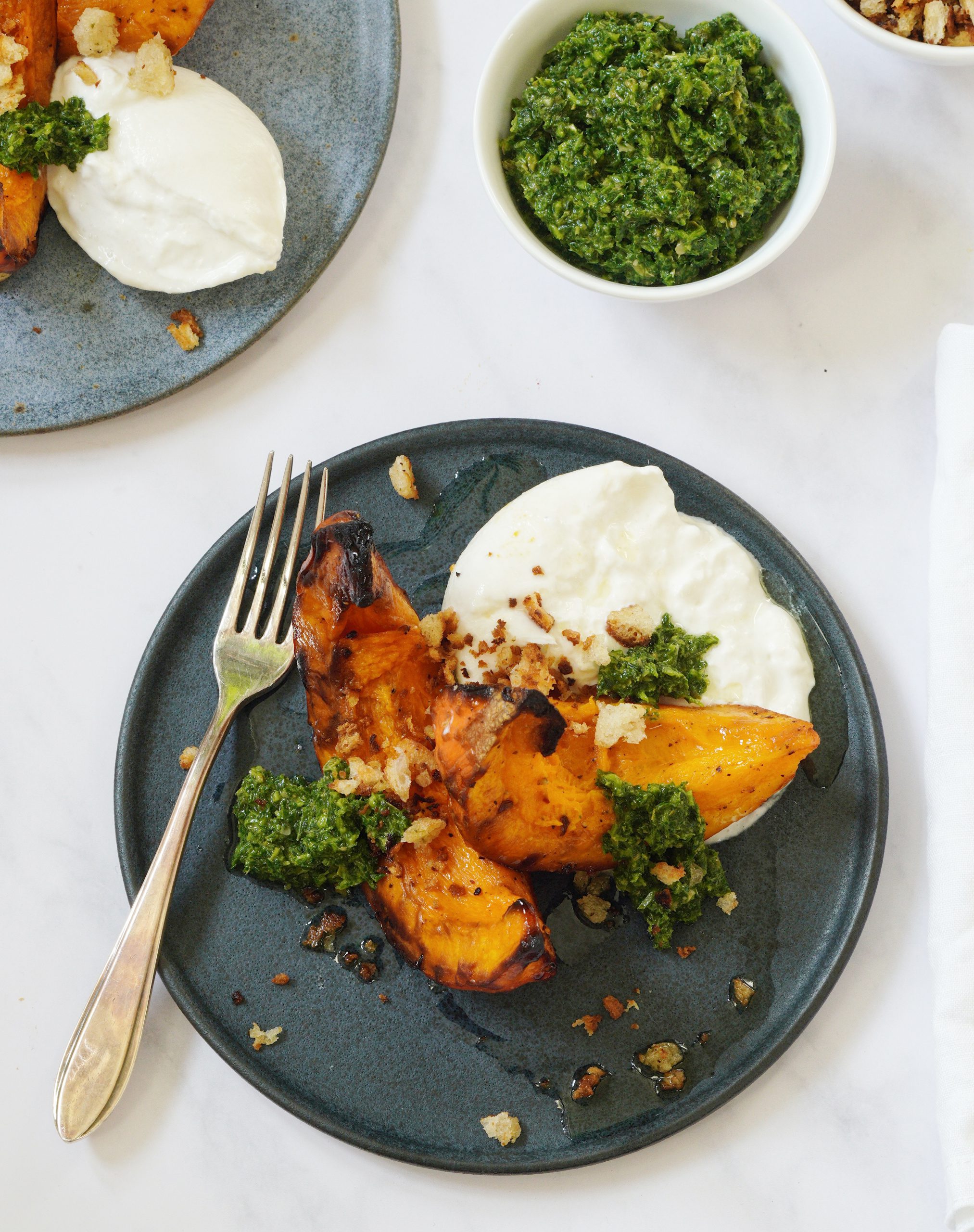 Roasted pumpkin with salsa verde, burrata and pangrattato